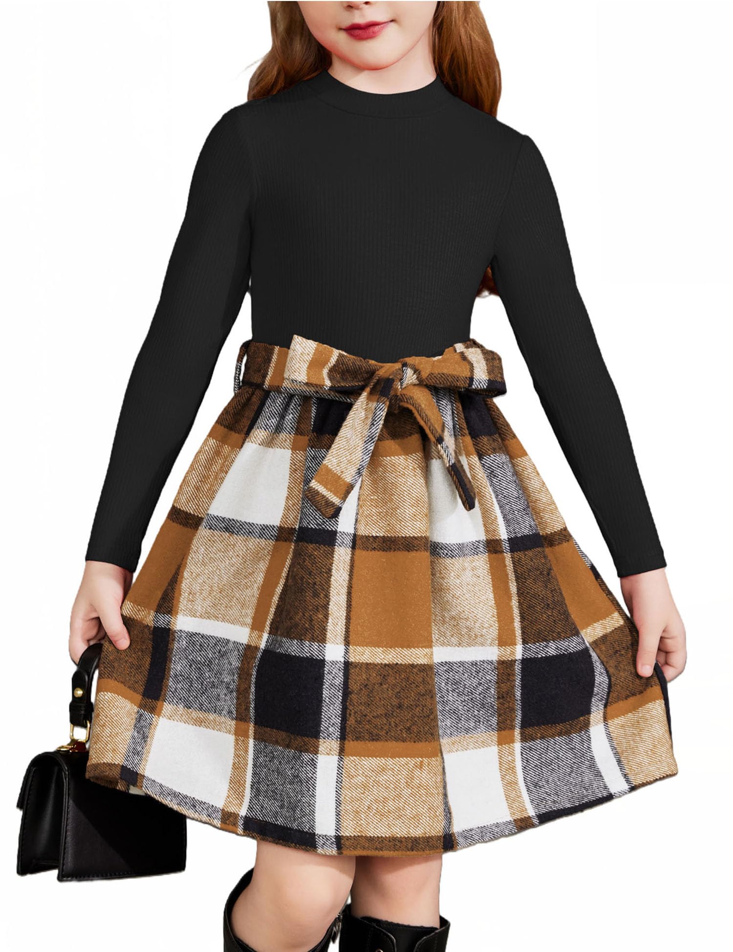 Arshiner Girls Long Sleeve Rib Knit Plaid Patchwork Dress with Pockets