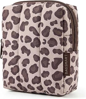 BAGSMART Small Travel Makeup Bag for Purse Toiletry Pouch, Puffy Padded Mini Cosmetics Bag, Cute Make Up Pouch for Women with Slip-in Pocket, Travel Essentials for Toiletries, Leopard Print