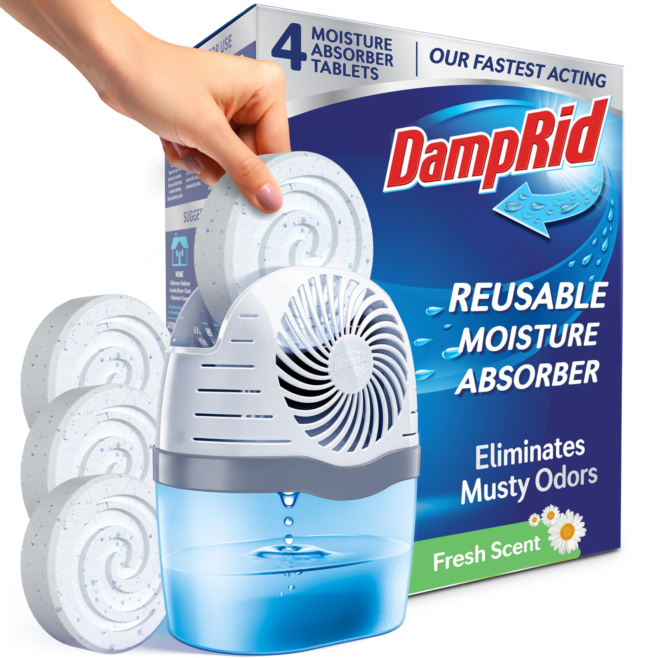 DampRid Reusable Moisture Absorber with 4 Drop-In Tablets, Fresh Scent, 15.8 oz.