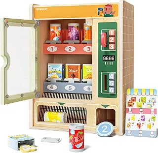 TOP BRIGHT Wooden Vending Machine Set with Snacks, Pretend Play Ages 3+ | Includes wooden snack bars & drink cans, Coin-operated with moving parts, Realistic pretend play for kids