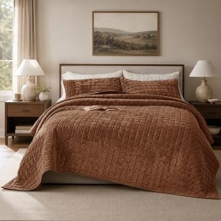 Quilt Set Oversized King Size 120x120 Luxurious Velvet Bedding Sets with 2 Pillow Shams 20x36 3 Pieces Ultra Soft Quilted Bedspread Coverlet Comforter for All Season,Cramel