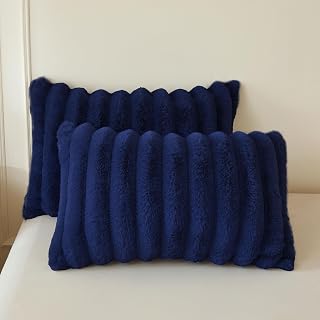 MEGO Fluffy Faux Rabbit Fur Ribbed King Pillow Cases Set of 2, Navy Blue