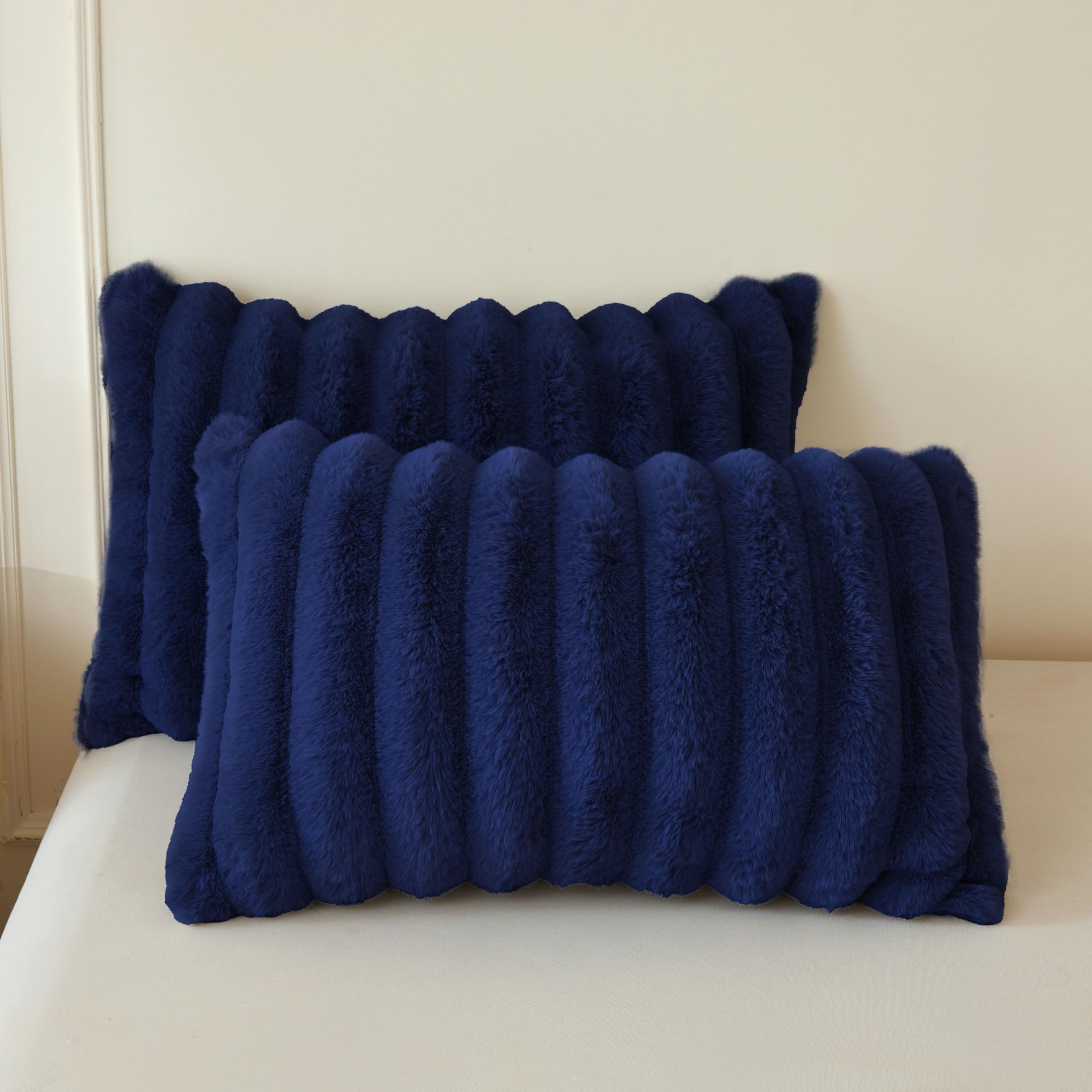 MEGO Fluffy Faux Rabbit Fur Ribbed King Pillow Cases Set of 2, Navy Blue