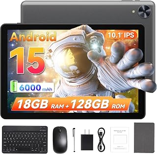 2026 Android 15 Tablet with Keyboard 10.1 Inch, 18GB RAM 128GB, WiFi, Gray | 2-in-1 tablet with keyboard, mouse, stylus and case. IPS display, 1TB expansion, WiFi, GPS and Bluetooth for work and study.
