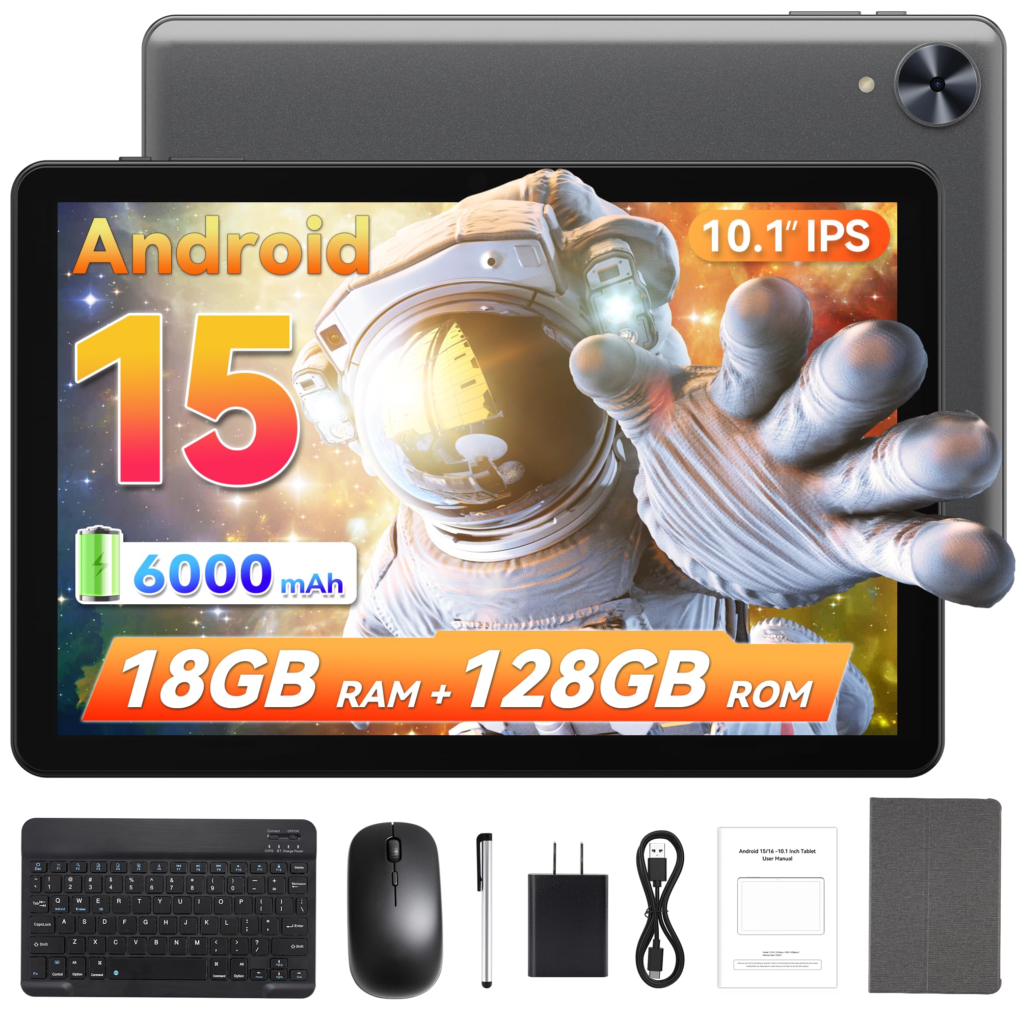 2026 Android 15 Tablet with Keyboard 10.1 Inch, 18GB RAM 128GB, WiFi, Gray | 2-i