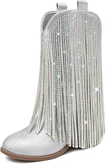 LAURMOSA Rhinestone Fringe Cowgirl Boots for Girls Cowboy Boots for Kids