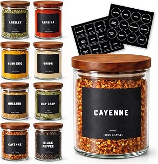 8 Glass Spice Jars with Acacia Airtight Lids, 6oz Empty Seasoning Containers with 120 Waterproof Preprinted Labels, Minimalist Spice Bottles for Pantry Organization (Black, English)
