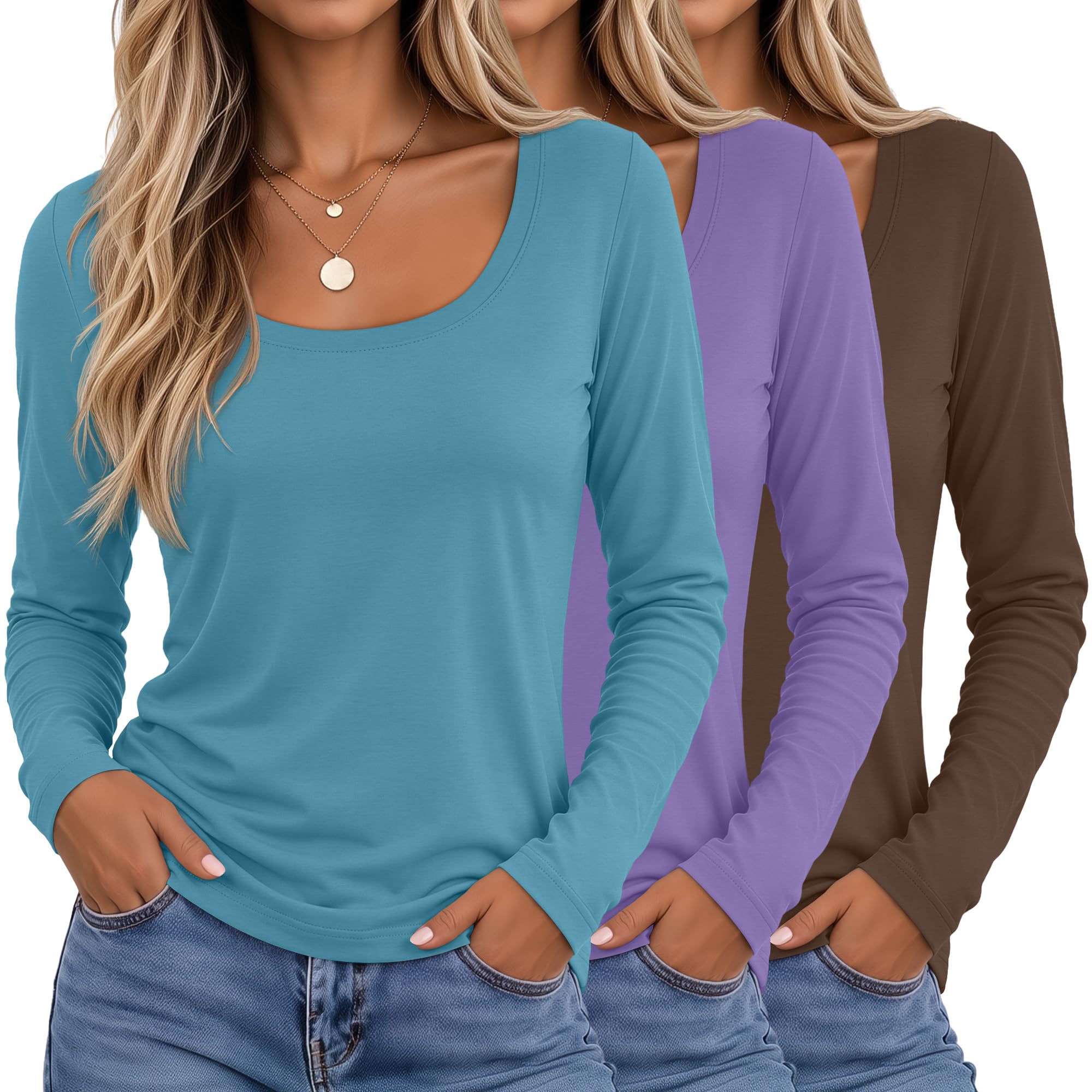 Neer 3 Pack Women Long Sleeve Shirts Scoop Neck Casual Tops