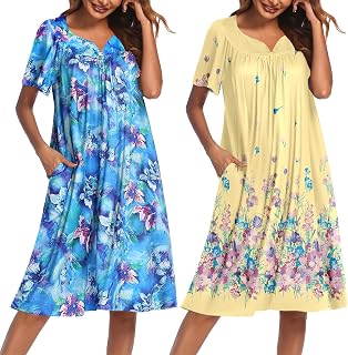 Ekouaer Pack of 2 Women's Home Dresses with Pockets Short Sleeve Moo Moos Floral Print Mumu Dresses