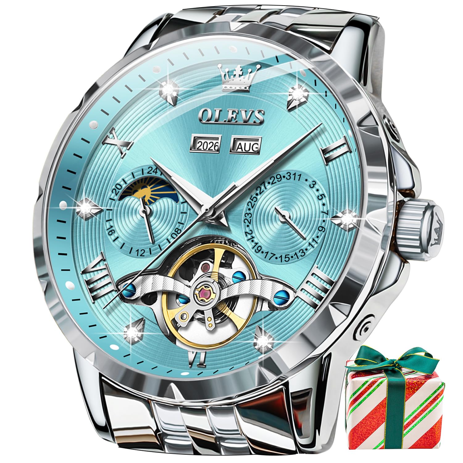 OLEVS Mens Automatic Mechanical Tourbillon Watches Stainless Steel Waterproof Lu