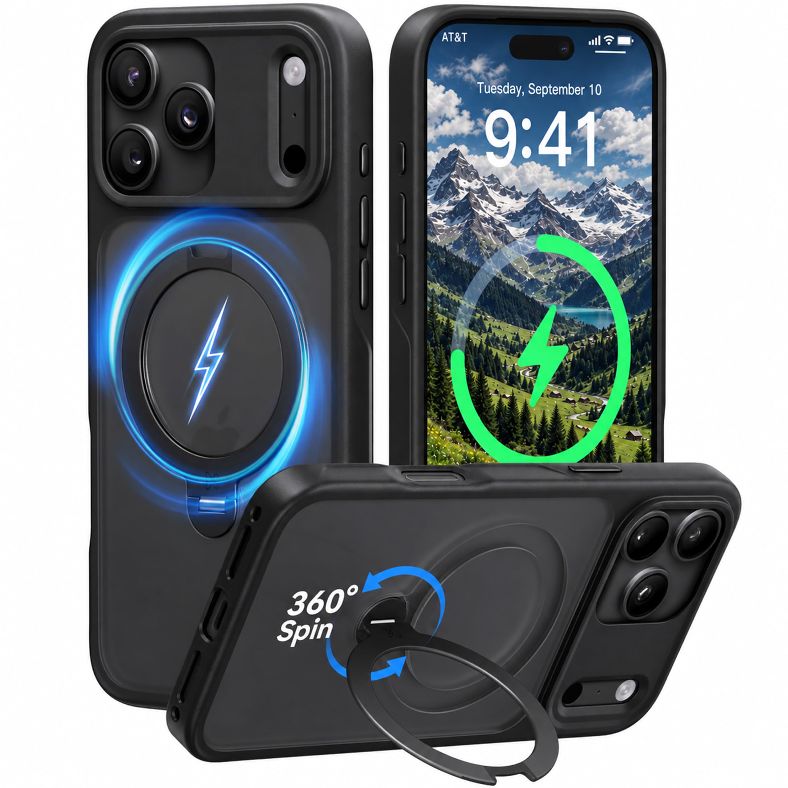 CASEKOO Official Black for iPhone 18 Pro Case with 360 Spin Magnetic Stand