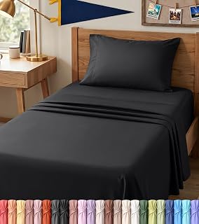 Twin XL Sheets Set, 3 Pieces 16" Deep Pocket Hotel Luxury Bed Sheets, Black