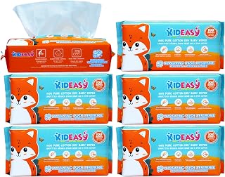 KidEasy Baby Dry Wipes | Ultra-Soft 100% Cotton Baby Wipes | Unscented & Chemical-Free | Use Dry or Add Water for Wet Wipes | Gentle on Sensitive Skin | Strong & Highly Absorbent (6 Pack - 600 Count)