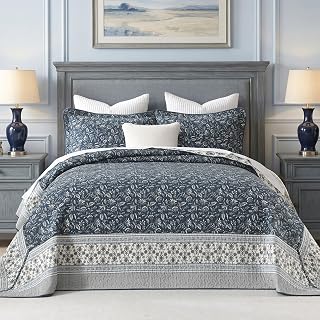 100% Cotton Oversized Quilt 128"x120", Extra Large Cal King Bedspread, Farmhouse Floral Botanical Bed Spreads Coverlet, Lightweight Quilted Bedding Cover, 3 Piece, Dark Navy/Cream