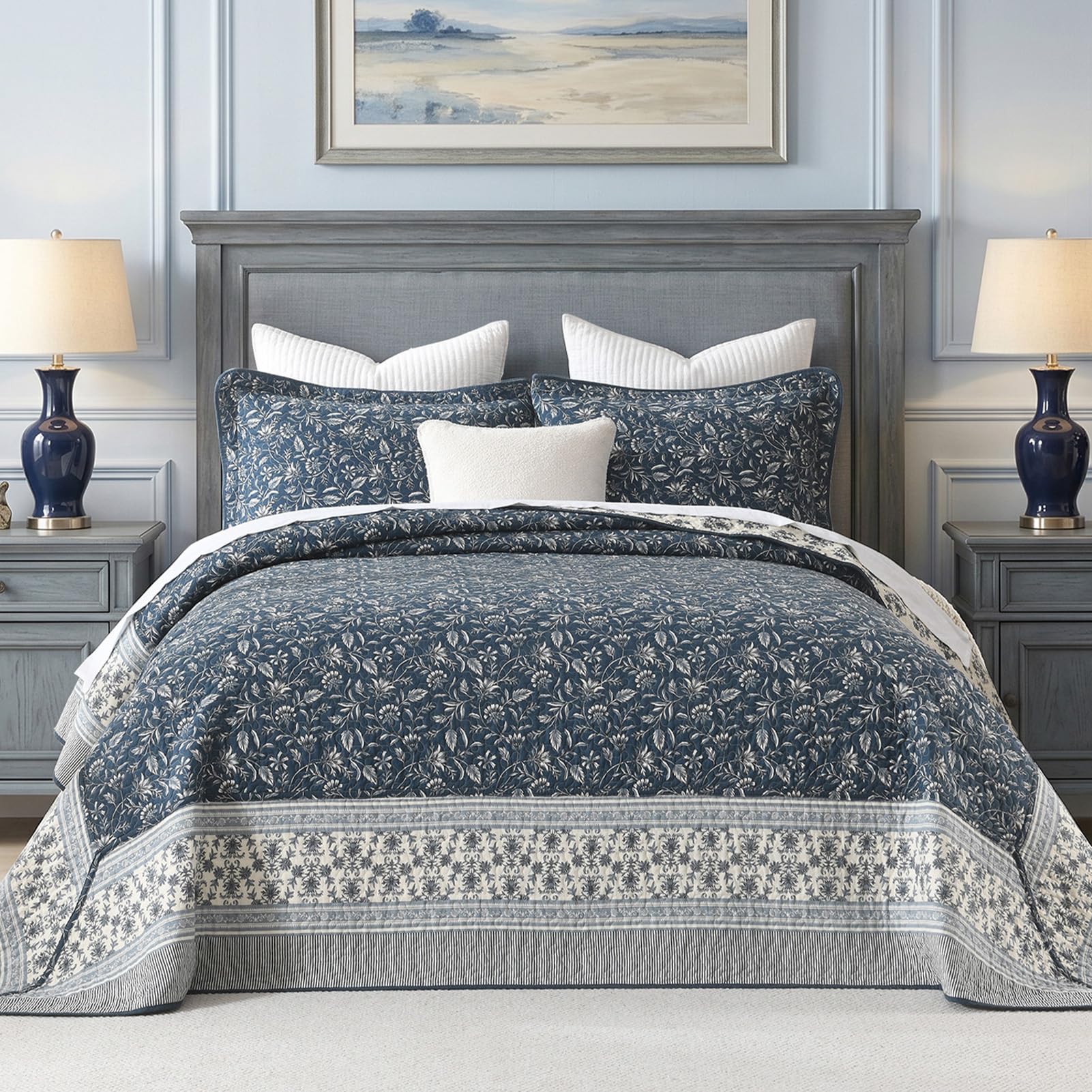 100% Cotton Oversized Quilt 128"x120", Extra Large Cal King Bedspread, Farmhouse