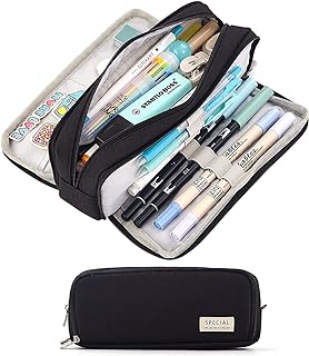 MEQUER Black Pencil Case for Adult Kid, Large Pouch - Double Zip Closure | Stationery Cute Big Pencil Case with Compartments for Middle High Girl Boy Teen, Back to School Supplies, Etui a Crayon