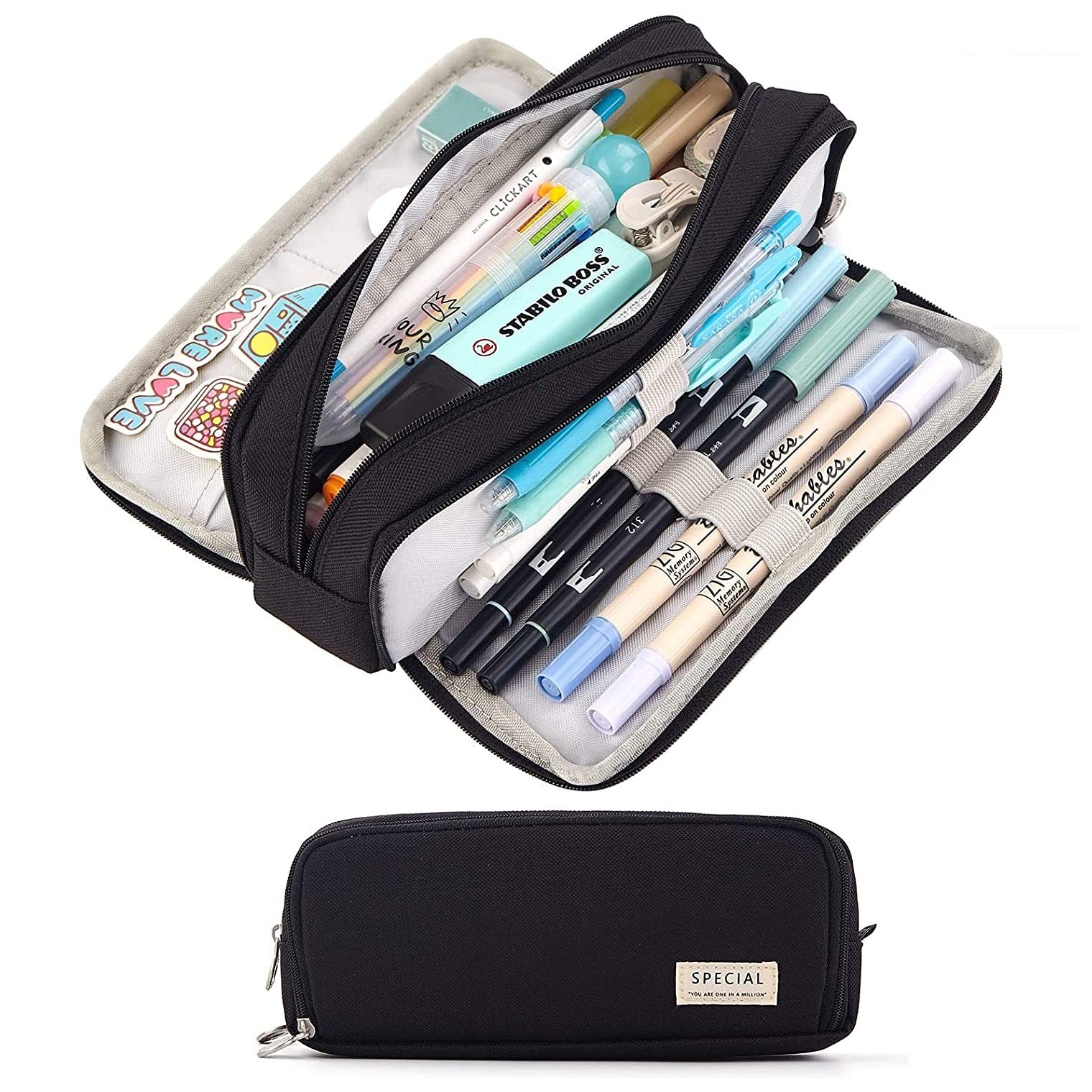 MEQUER Black Pencil Case for Adult Kid, Large Pouch - Double Zip Closure | Stati