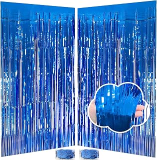 JINSUI Blue Fringe Backdrop 3.3x8.2ft, Birthday Party Decorations 2 Pack | Dark Blue, Foil Tinsel Curtains Door Streamers, for Baby Shower, Graduation, Ocean, Easy Self-Adhesive Installation