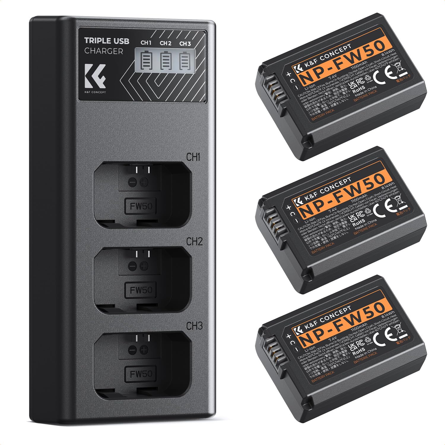 K&F CONCEPT 3-Pack NP-FW50 Battery and Upgraded 3-Slot ZV-E10 Battery Charger Co