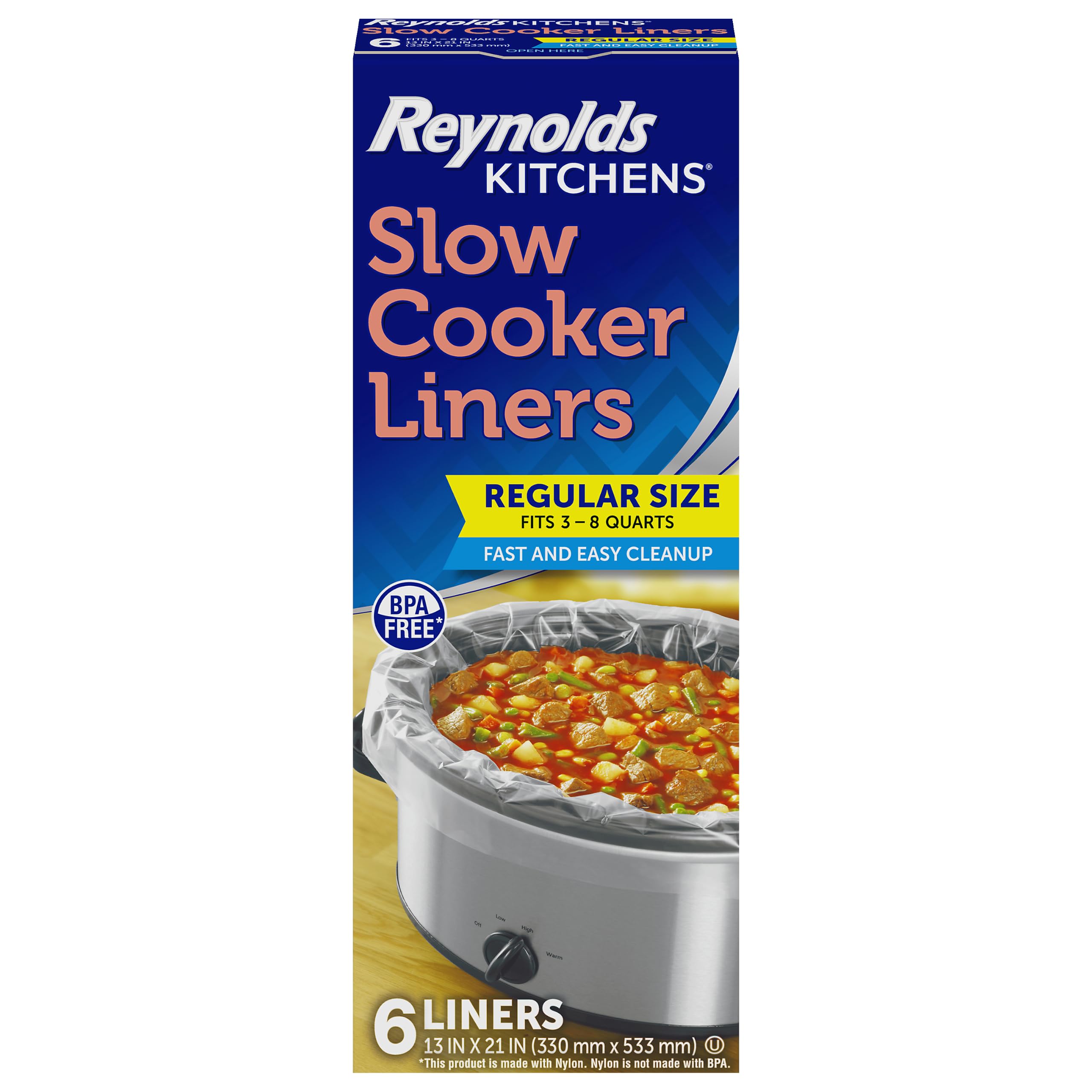 Reynolds Kitchens Slow Cooker Liners, Regular Size, Fits 3-8 Quarts, 6ct | Fits 