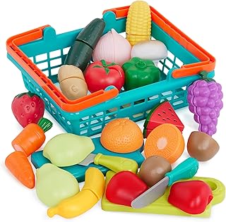 Battat Play Food Farmers Market Produce Basket, 37-Piece Green Set, Playset | Includes 1 basket, 2 cutting boards, 2 toy knives, and 16 cut-apart fruits and vegetables with fasteners, Green, 2+ Years