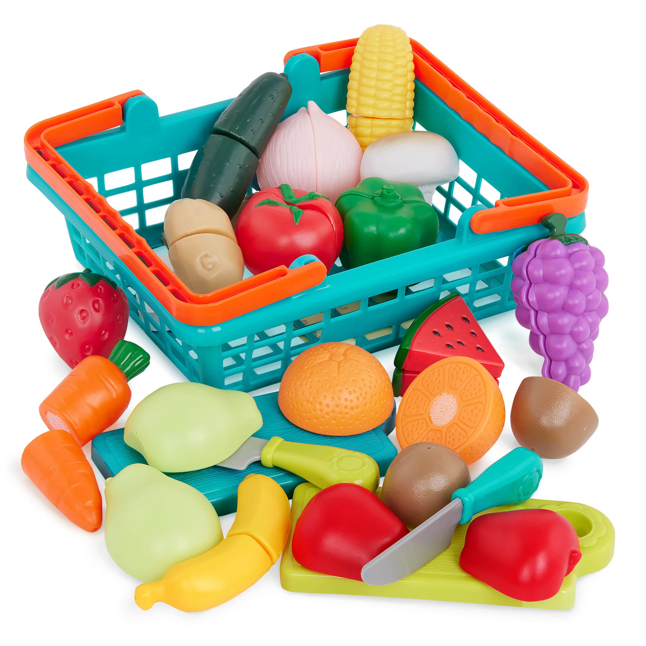 Battat Play Food Farmers Market Produce Basket, 37-Piece Green Set, Playset | In