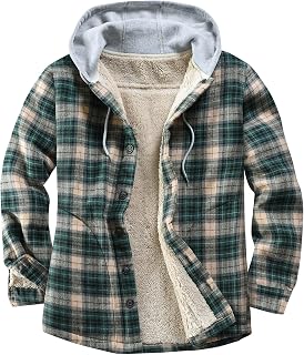 Men's Cotton Plaid Shirts Jacket Fleece Lined Flannel Shirts Sherpa Button Down Jackets with Hood for Men