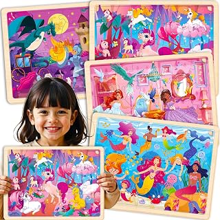 Wooden Puzzles for Kids Ages 3-5 - 4 Montessori Toddler Puzzles | Mermaids, Princesses and Unicorns - 24 Pcs Realistic Wooden Learning Games for Girls 4-8 Year Olds