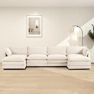 ROWHY 148'' Modular Sectional Cloud Couch with 2 Movable Ottomans, Oversized 6 Seat Modern Corduroy Sofas, Deep Seat U Shaped Couch for Living Room Bedroom Apartment, Beige