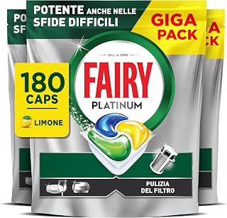 Fairy Platinum All-in-One Dishwasher Tablets, 180 Caps, Lemon | Capsule Detergent, Effective on Grease and Stubborn Dirt, Removes Residues from Filter, Quick Dissolve, Giga Pack