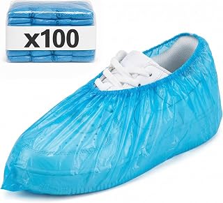 KMINA Disposable Polyethylene Shoe Covers, Elastic Edge, Blue | Pack of 100 Disposable Socks 41 x 15.5 cm Latex Free Food Contact Hospital Laboratory Kitchen Home Visits