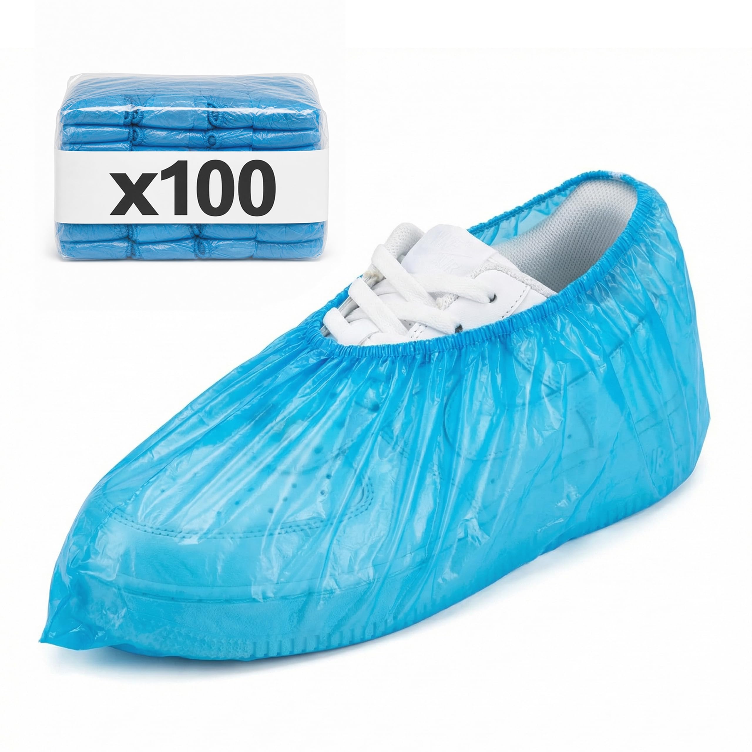 KMINA Disposable Polyethylene Shoe Covers, Elastic Edge, Blue | Pack of 100 Disp