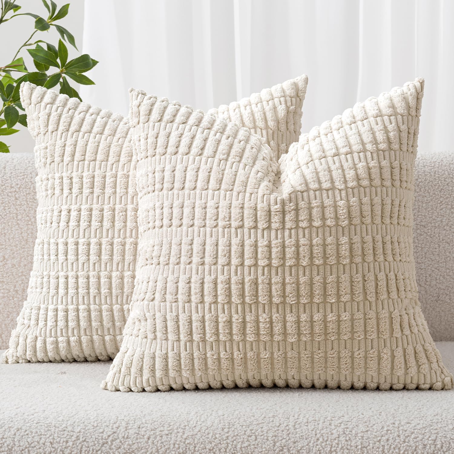 MIULEE Corduroy Decorative Throw Pillow Covers 18x18 Cream White Pack of 2 | Sof