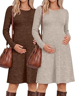 2 Pack Maternity Sweater Dresses Fall Rib with Pocket