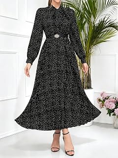 Women Polka Dot Midi Dress, Long Sleeve Tie Neck Pleated A-Line Dress with Belt Elegant Casual Party Dress