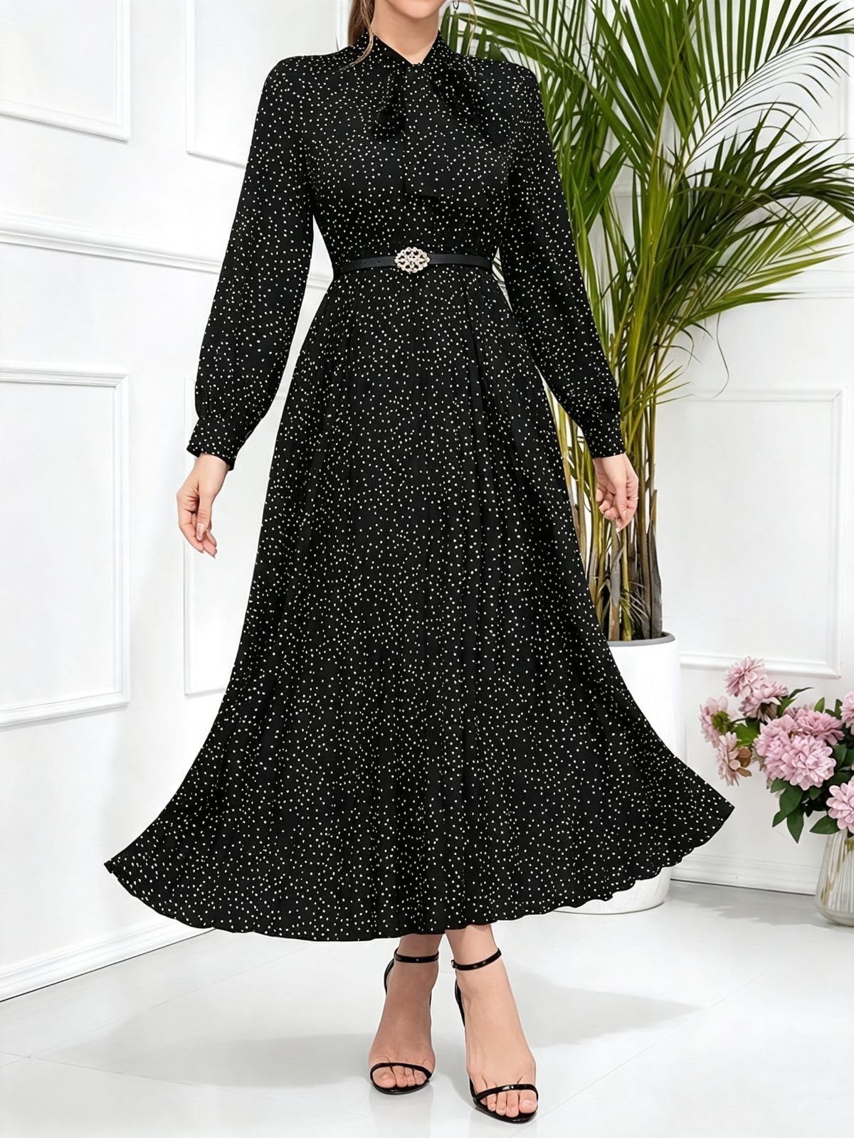 Women Polka Dot Midi Dress, Long Sleeve Tie Neck Pleated A-Line Dress with Belt 