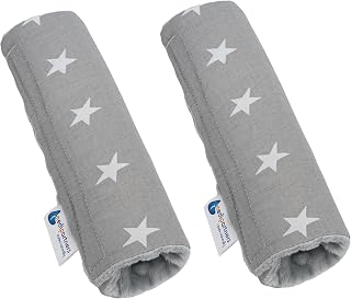 Medi Partners 2-Piece Car Seat Belt Cover, Child Car Seat Cushion 17 x 22 cm, 100% Cotton Minky Belts, Kids Seat Cover Protector (Grey Stars with Grey Minky)