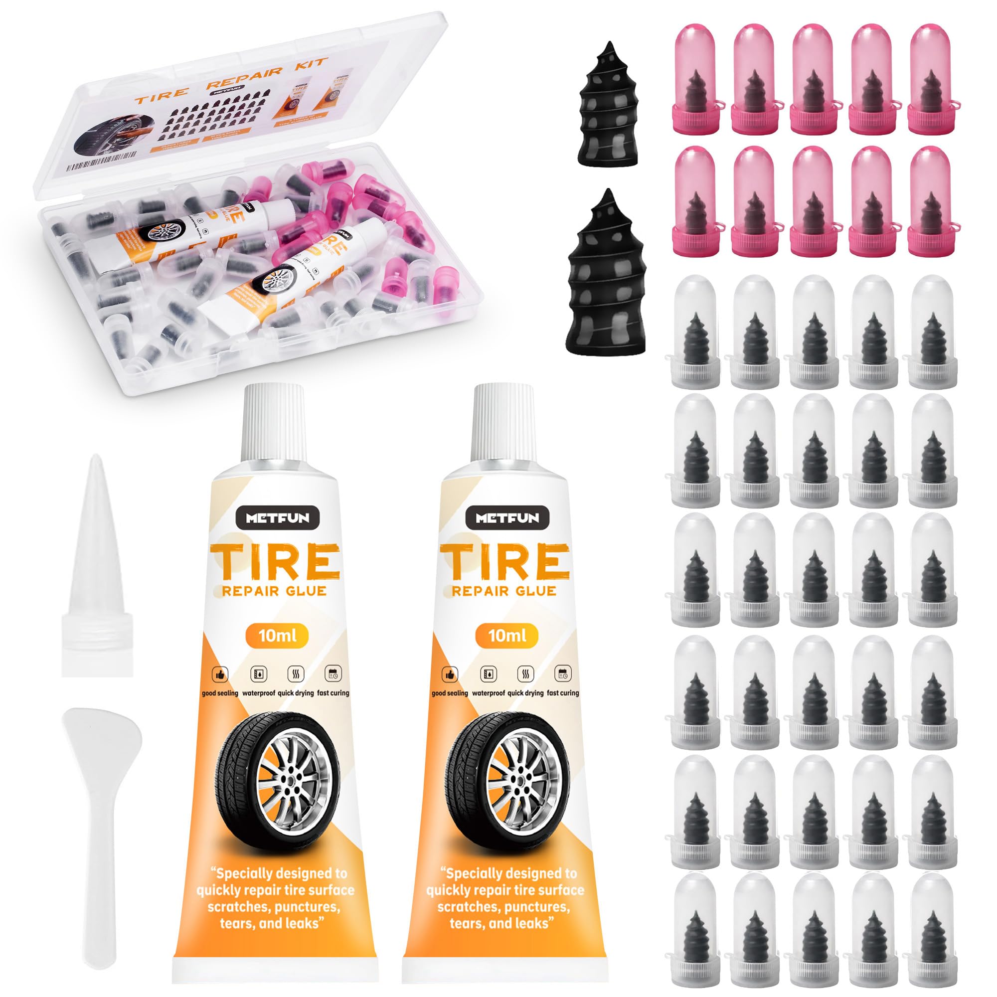 MetFun 40 PCS Quick Fix Screw-in Tire Plug Kit with 2 Tubes of Sealant Glue | Fa
