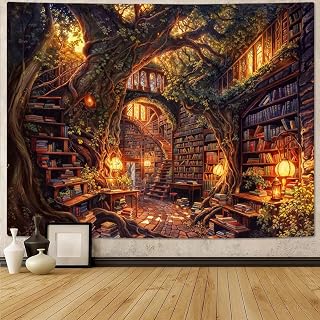 Accnicc Forest Library Tapestry Tree Bookshelf Tapestries Wall Hanging Vintage Fantasy Fairy Treehouse Book Large Tapestry for Bedroom Living Room Dorm Classroom 80 x 60 inch