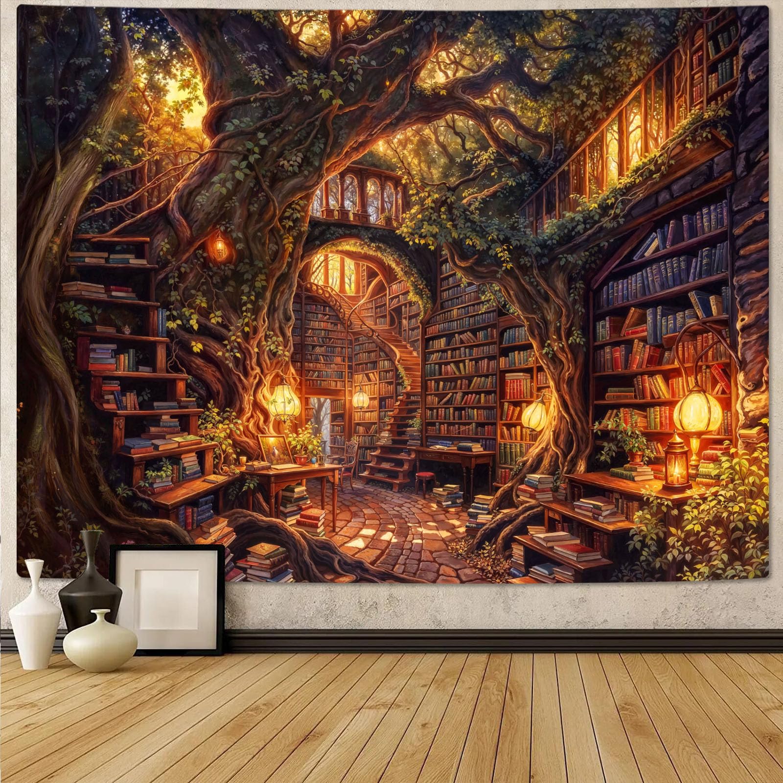 Accnicc Forest Library Tapestry Tree Bookshelf Tapestries Wall Hanging Vintage F