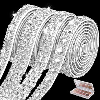4 Yards Self Adhesive Rhinestone Ribbons, 4 Styles Rhinestones Strips for DIY Crafts, Home Clothing, Rhinestone Tape Bedazzling Kit for Wedding, Gift Decoration and Ceremony