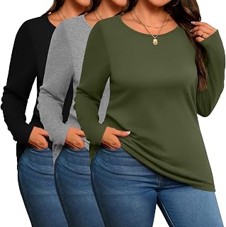 Evervibe 3 Pack Women's Plus Size Cotton Shirts Long Sleeve Tops