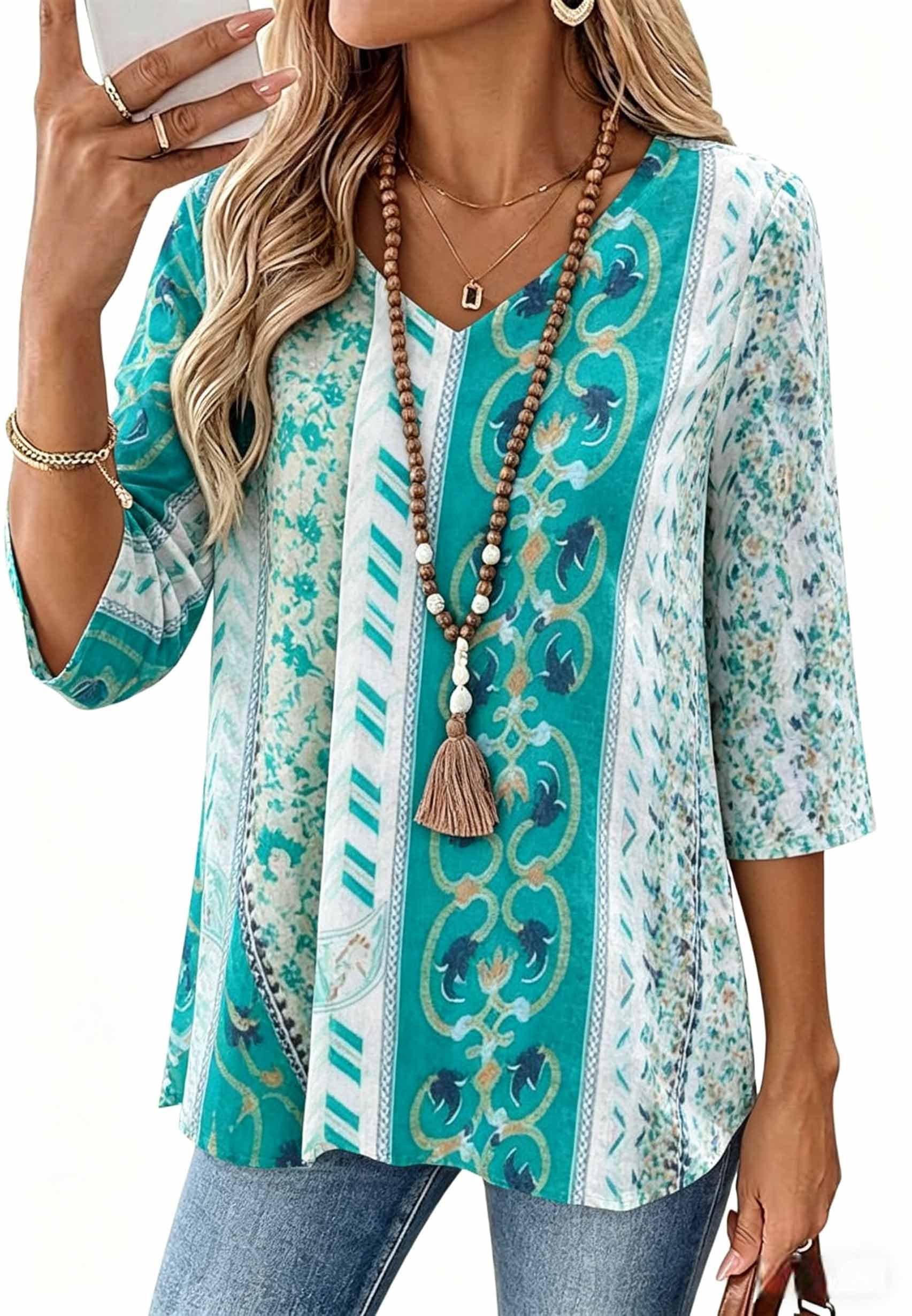 Women Tie Dye Print Tops Plus Size V Neck 3/4 Sleeve Casual Vacation Style Sprin