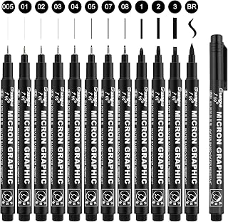 Funnasting Fineliner Pens, 12 pcs Fineliner Pens Black with Fine Medium Brush Tip and Waterproof Pigment Ink for Drawing, Writing, Designing, Non-toxic Safe Drawing Pens