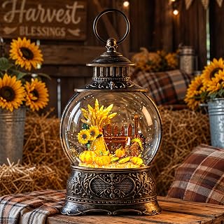 Fall Harvest Snow Globe Lantern, Lighted Autumn Pumpkin Snow Globe with Sunflowers, Scarecrow & Fence, Vintage Tabletop Thanksgiving Decor for Home, Living Room, Mantel, Farmhouse