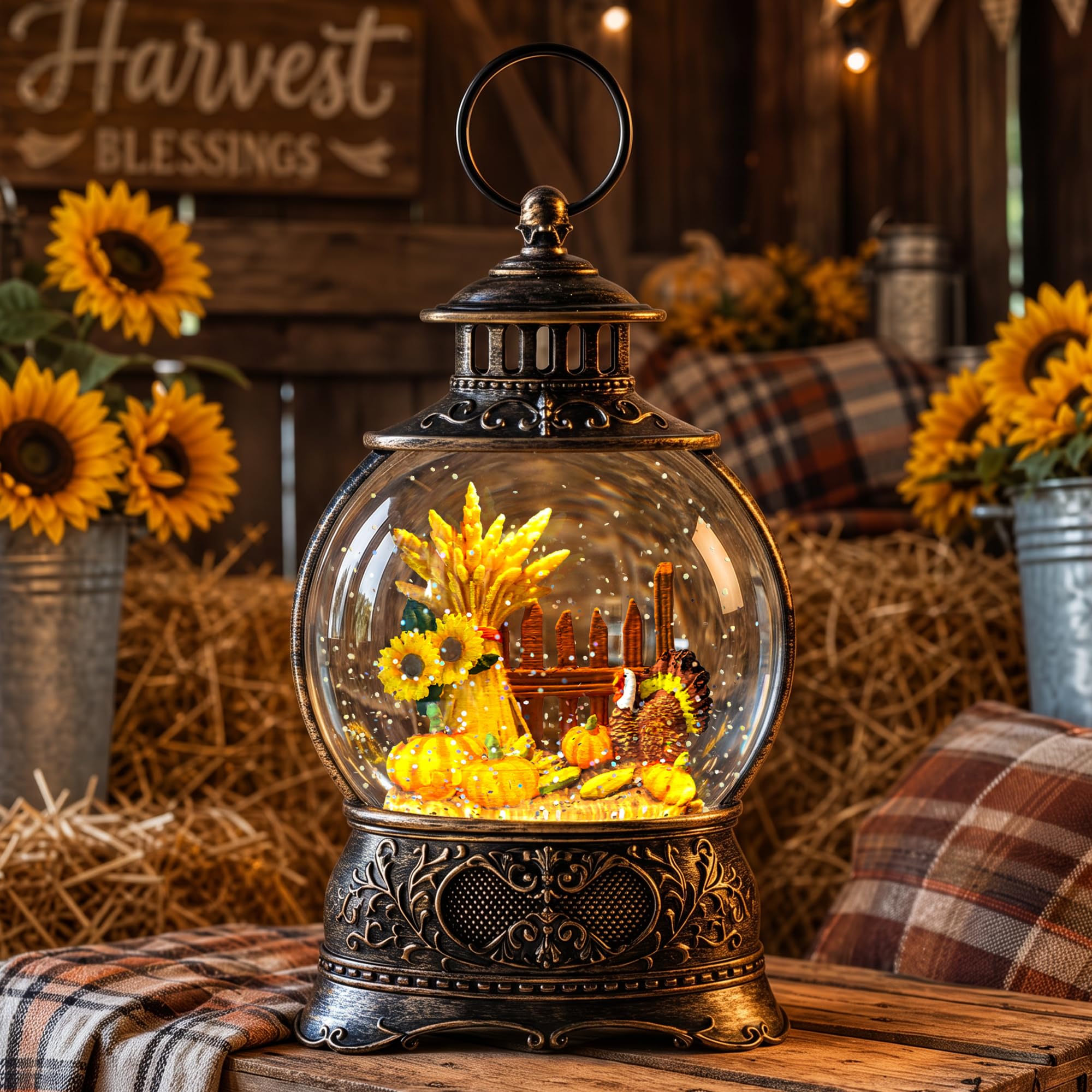 Fall Harvest Snow Globe Lantern, Lighted Autumn Pumpkin Snow Globe with Sunflowe