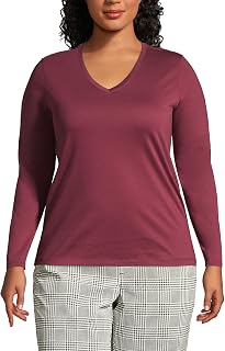 Lands' End T-Shirt a Maniche Lunghe in Cotone Supima da Donna - Scollo a V Rilassato