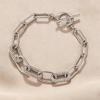 Minimalist Oval Paperclip Link Chain Bracelet, Cubic Zirconia Accented Toggle Clasp Hand Jewelry for Women