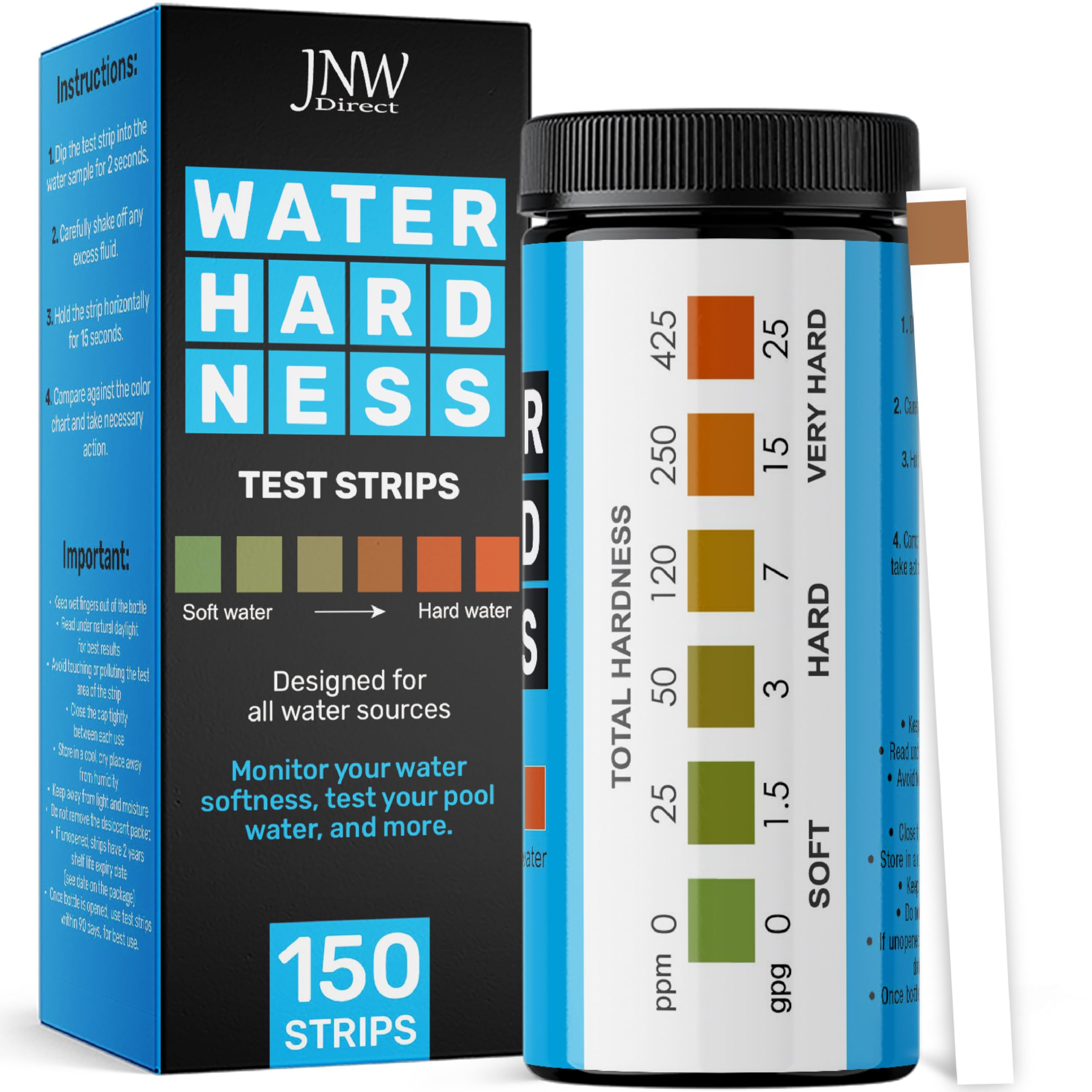 JNW Direct Water Hardness Test Strips for Home Water - 150 Strips Kit | Includes
