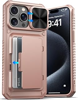 ATATOO for iPhone 15 Pro Max Case with Card Holder (Store 3-5 Cards) & Slide Lens Cover, Military Grade Protection, Silicone Protective Wallet Case for iPhone 15 Pro Max 6.7", Rose Gold